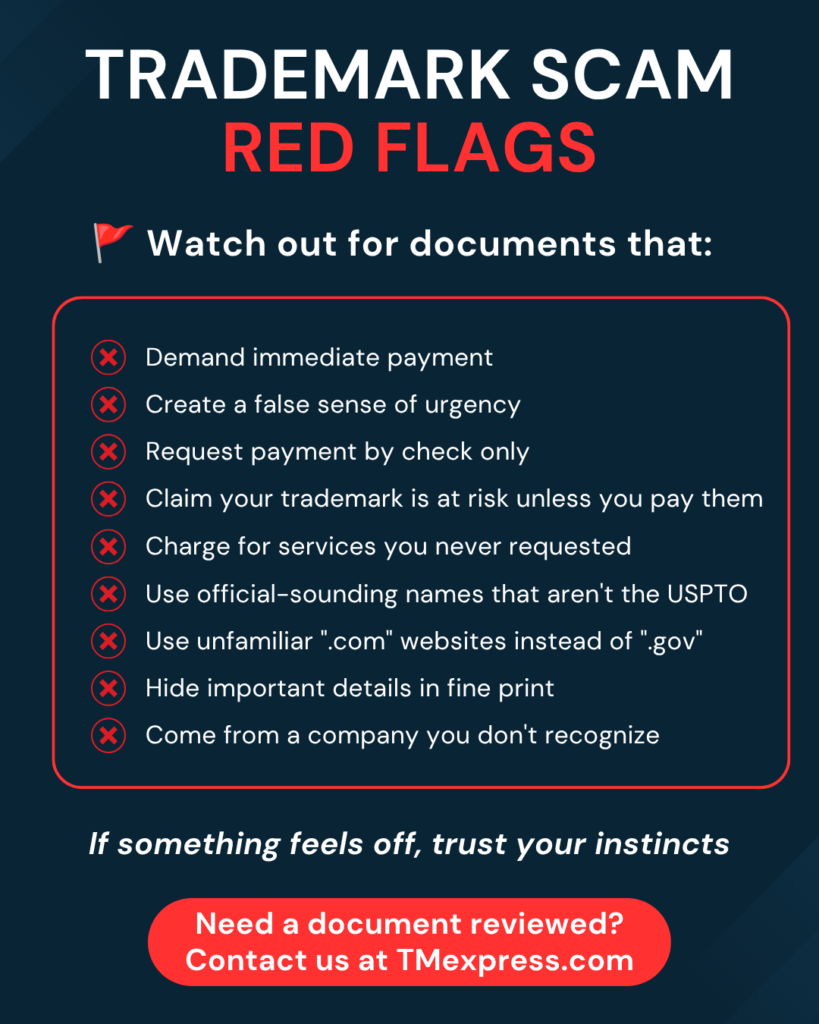 Infographic listing common trademark scam red flags, including urgent payment demands, unfamiliar companies, fake government names, .com websites, fine print, and requests to pay for services that weren't requested
