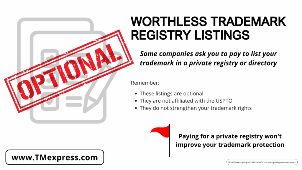 Graphic explaining that private trademark registry listings are optional, not affiliated with the USPTO, and do not enhance trademark rights