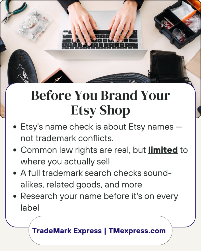 Tip card outlining three things Etsy shop owners should check before finalizing a brand name.