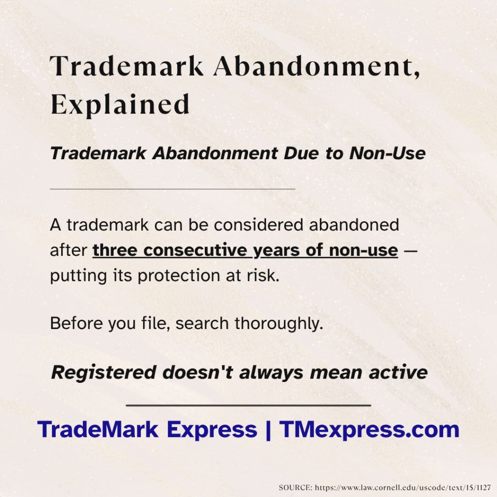 Definition card explaining that three years of non-use can lead to trademark abandonment
